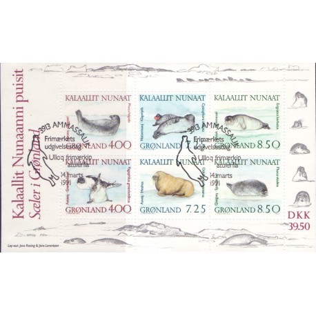 1991. 39,50 Kr. Grønlandske Sæler. AFA nr. 217 postfrisk stemplet
