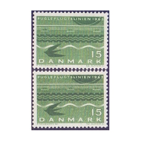 1963. Fugleflugtsliniens åbning. alm. + FLUOR papir. AFA nr. 416+416F postfrisk   Stemplet FDC