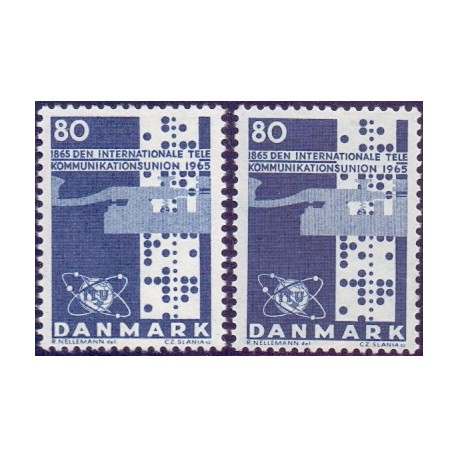1965. UIT 100-års jubilæum, alm. + FLUOR papir. AFA nr. 434-434F postfrisk    Stemplet FDC