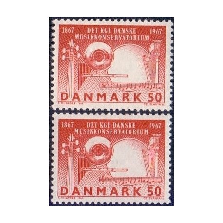 1967. Musikkonservatorium, alm. + FLUOR papir. AFA nr. 452-452F postfrisk  Stemplet FDC