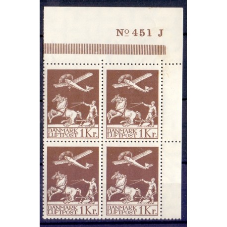 1929. 1 Kr. Luftpostmærker postfrisk marginal 4-blok NO 451 J, Attest Nieslsen