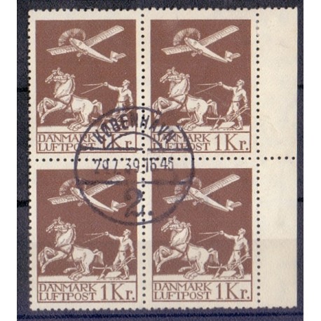 1929. 1 Kr. Luftpostmærker stemplet marginal 4-blok. AFA 8800+++