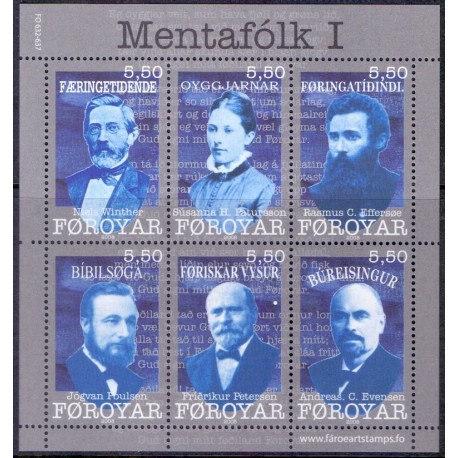 Færøerne 2008. 33,00 Kr. Kulturpersonligheder, miniark. AFA nr. 640 postfrisk