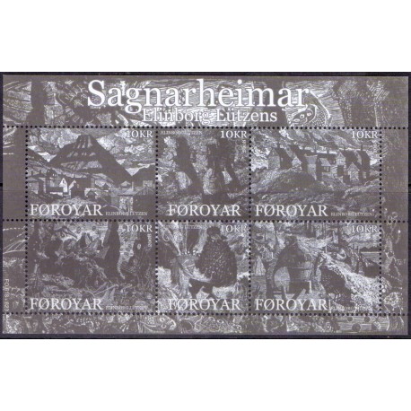 Færøerne 2008. 6x 10,00 Kr. Sagaverdener, miniark. AFA nr. 624 postfrisk stemplet