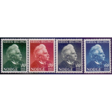 Norge. 1943, Edv. Greigs fødsel. AFA nr. 293-96 ** st. stemplet postfrisk