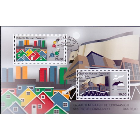 2015. 10,00-26,00 Kr. Grønlandsk arkitektur II i miniark AFA nr. 713 postfrisk  stemplet FDC