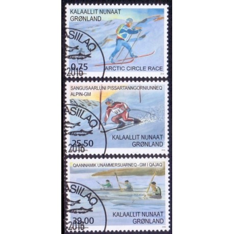 2016, 0,75-39,00. Sport i Grønland I. AFA nr. 732-34 postfrisk  stemplet FDC
