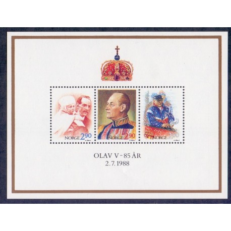 Norge. 1988.  Kong Olav 85-års fødselsdag miniark. AFA nr. 996 ** stemplet postfrisk FDC