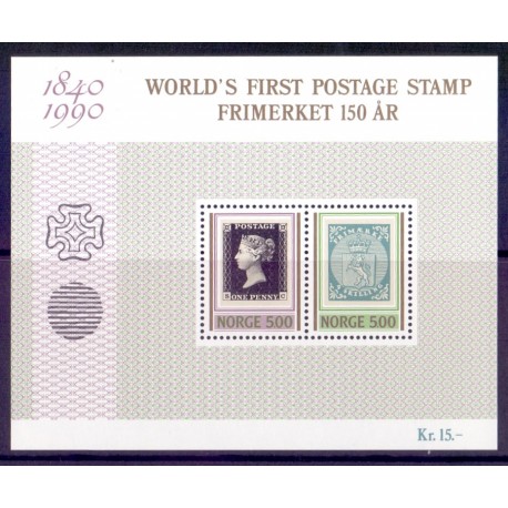 Norge. 1990. 150-året for første frimærke, miniark. AFA nr. 1042-43 ** stemplet postfrisk FDC