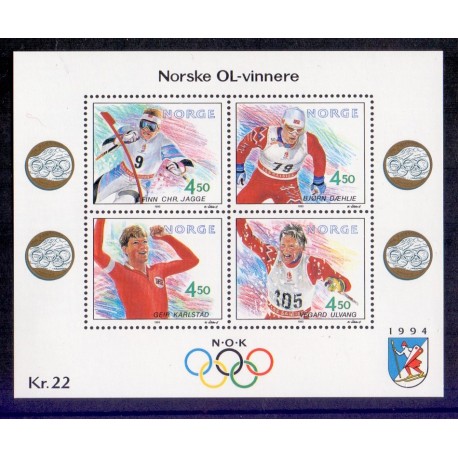 Norge. 1993. Norske OL-vindere i miniark. AFA nr. 1117-20 ** stemplet postfrisk FDC