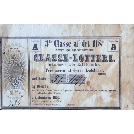Classe Lotteri sedel fra 1865