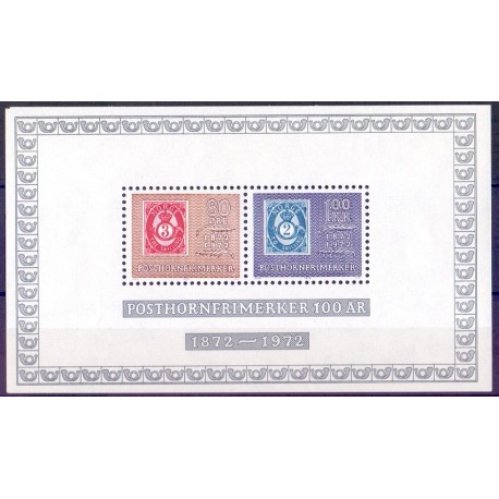 Norge. 1972. 100-året fro første posthornsfrimærker, i miniark. AFA nr. 652 ** stemplet postfrisk FDC