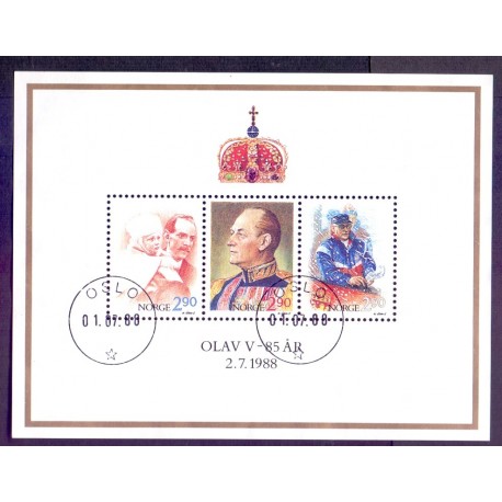 Norge. 1988.  Kong Olav 85-års fødselsdag miniark. AFA nr. 996 ** stemplet postfrisk FDC