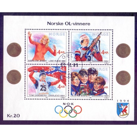 Norge. 1989. Norske vinter-Ol-vindere i miniark. AFA nr. 1025-28 ** stemplet postfrisk FDC