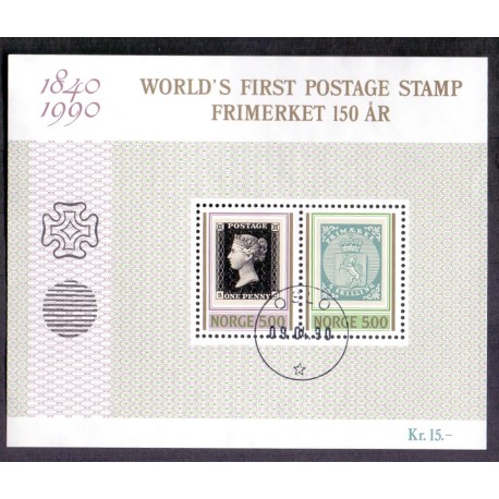 Norge. 1990. 150-året for første frimærke, miniark. AFA nr. 1042-43 ** stemplet postfrisk FDC