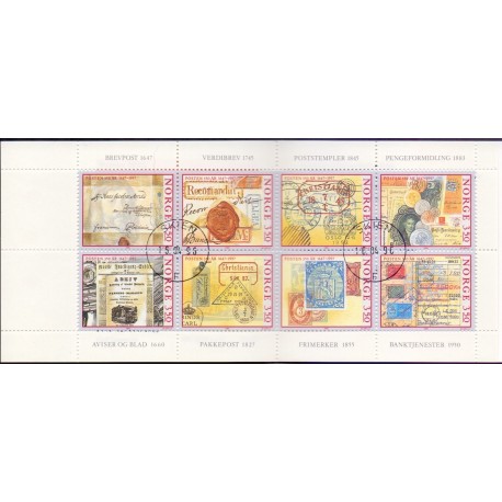 Norge. 1995. Posten 350 år i miniark, (uden tryk på 15 øre). AFA nr. 1185a-92a ** stemplet postfrisk FDC