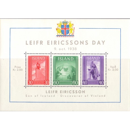 Island. 1938. Leifr Eiricsson miniark. AFA nr. 199-201 **   postfrisk st. stemplet FDC