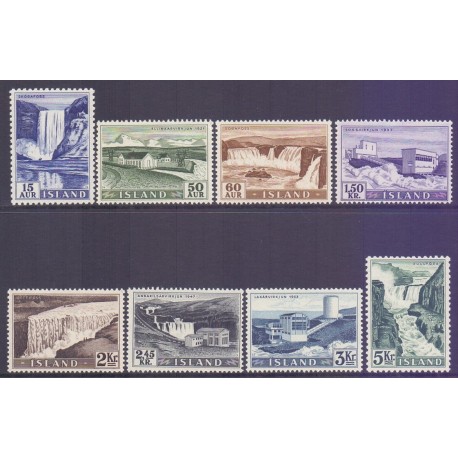 Island. 1956, Elkraftværker og vandfald, komplet serie.  AFA nr. 304-11  **  postfrisk st. stemplet FDC