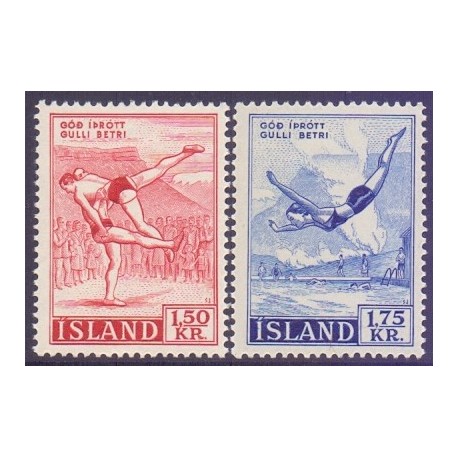 Island. 1957. Sportsmærker, komplet serie.  AFA nr. 315-16  **  postfrisk st. stemplet FDC
