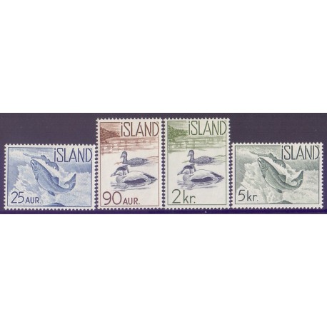 Island. 1959. Laks og edderfugle, komplet serie. AFA nr. 336-39 ** postfrisk st. stemplet FDC