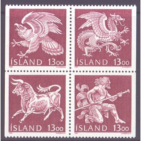 Island. 1987. De fire skytsånder i islands våben, i 4-blok. AFA nr. 672-75 **   postfrisk st. stemplet FDC