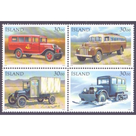 Island. 1992, Postbiler i sammentryk. AFA nr. 762-65 ** postfrisk st. stemplet FDC