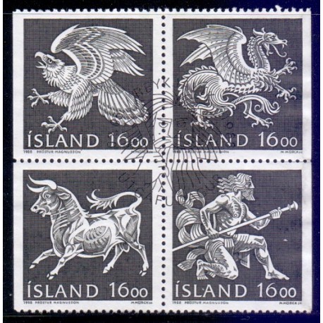 Island. 1988. De fire skytsånder i islands våben, i 4-blok. AFA nr. 683-86 **   postfrisk st. stemplet FDC