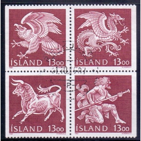 Island. 1987. De fire skytsånder i islands våben, i 4-blok. AFA nr. 672-75 **   postfrisk st. stemplet FDC
