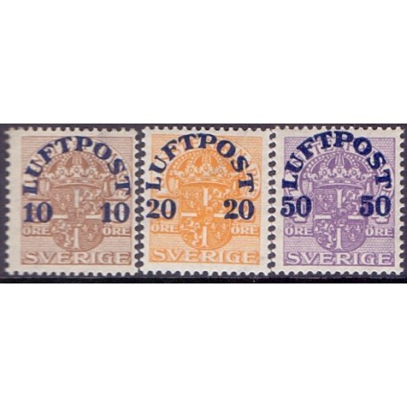 Sverige. 1920. Luftpost 10/3-50/4 Øre. AFA nr. 138-40 **  postfrisk stemplet FDC st,