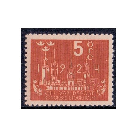 Sverige. 1924. Verdenspostkongres, 5 Øre, AFA nr. 159 **   postfrisk stemplet FDC st,
