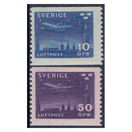 Sverige. 1930. Luftpost, 10-50 Øre. AFA nr. 214-15 **   postfrisk stemplet FDC st,