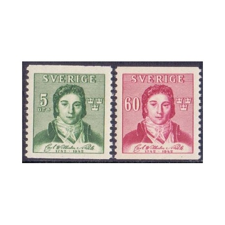 Sverige. 1942. Carl Wilhelm Scheele 5-60 Øre, AFA nr 301-02 **   postfrisk stemplet FDC st,