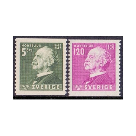 Sverige. 1943. Oscar Montelius fødsel, 5-120 Øre. AFA nr.  308-09 **  postfrisk stemplet FDC st,