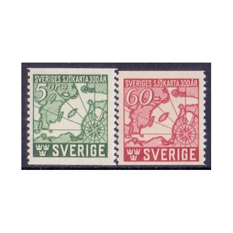 Sverige. 1944. Søkort 300-års jubilæum. 5-60 Øre, AFA nr. 310-11  ** postfrisk stemplet FDC st,