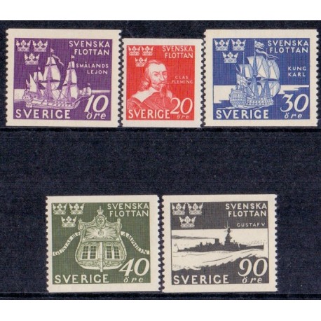 Sverige. 1944. Svenska flottan 10-90 Øre, AFA nr. 312-16 **   postfrisk stemplet FDC st,