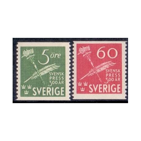 Sverige. 1945. Svensk presse 300 år. 5-60 Øre, AFA nr 318-19 **   postfrisk stemplet FDC st,