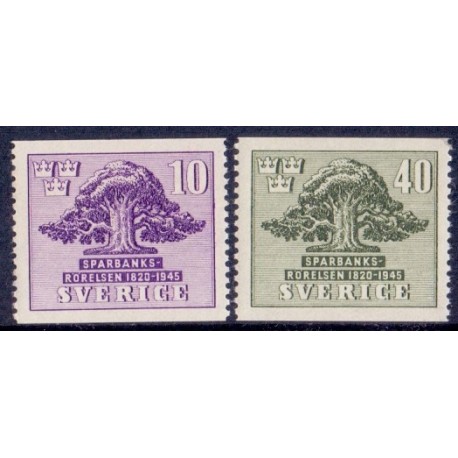 Sverige. 1945. Sparekassernes 125 års jubilæum. 10-40 Øre, AFA nr. 322-23 **   postfrisk stemplet FDC st,