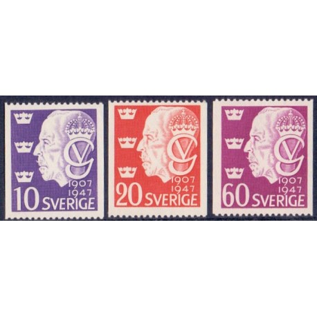 Sverige. 1947. Kong Gustav V's 40 års jubilæum, 10-60 Øre. AFA nr. 335-37 **    postfrisk stemplet FDC st,