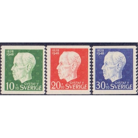 Sverige. 1948. Kong Gustav V's 90 år, 10-30+10 Øre AFA nr. 349-51 **   postfrisk stemplet FDC st,