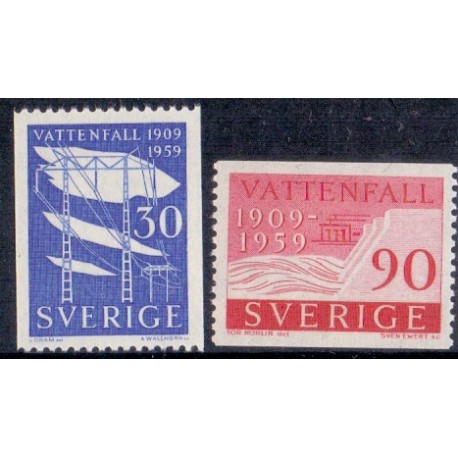 Sverige. 1959. Vandkraftværkerne 50 år. 30-90 Øre. AFA nr. 452-53 **    postfrisk stemplet FDC st,