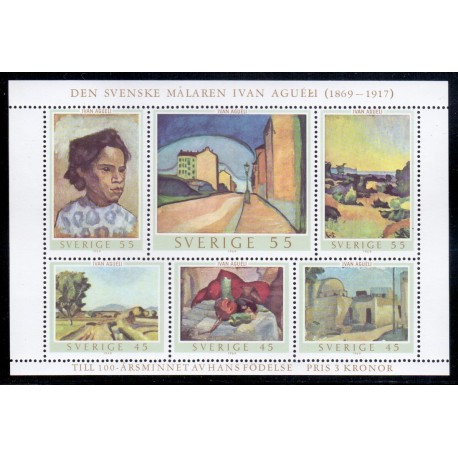 Sverige. 1969. Malerne Ivan Aguélis, 45-55 Øre, i miniark, AFA nr. 644-49 **    postfrisk stemplet FDC st,