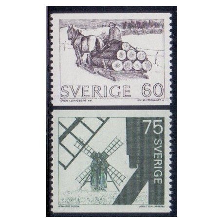 Sverige. 1971. Tømmertransport og vindmølle, 60-75 Øre. AFA nr. 717-18 **    postfrisk stemplet FDC st,