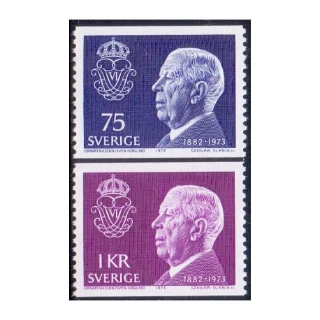 Sverige. 1973. Mindeudgave for Kong Gustav VI. 75 Øre-1 kr, AFA nr. 821-22 **    postfrisk stemplet FDC st,