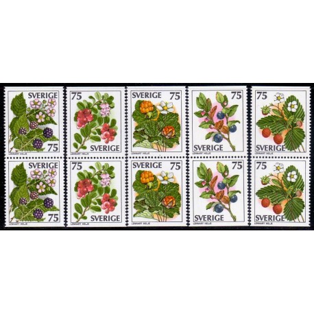 Sverige. 1977. Vilde bær, i parstykke AFA nr. 997Ch-1001Ch ** (5 par)    postfrisk stemplet FDC st,