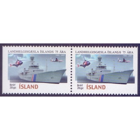 Island. 2001. Kystvagten 75 år, i parstykke. AFA nr. 958Cv & 958Ch **   postfrisk st. stemplet FDC