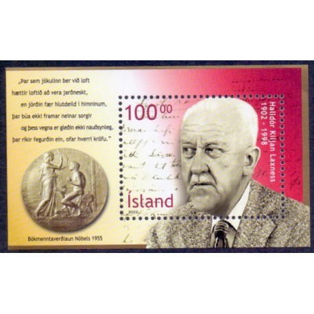 Island. 2002. Nobelpristager Halldor Laxness, i miniark. AFA nr. 988 **   postfrisk st. stemplet FDC