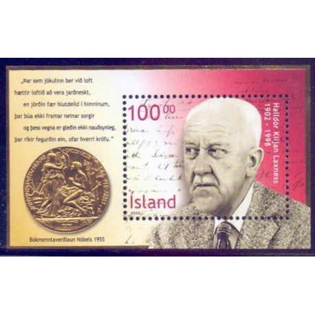 Island. 2002. Nobelpristager Halldor Laxness, GULD miniark. AFA nr. 988 **   postfrisk st. stemplet FDC