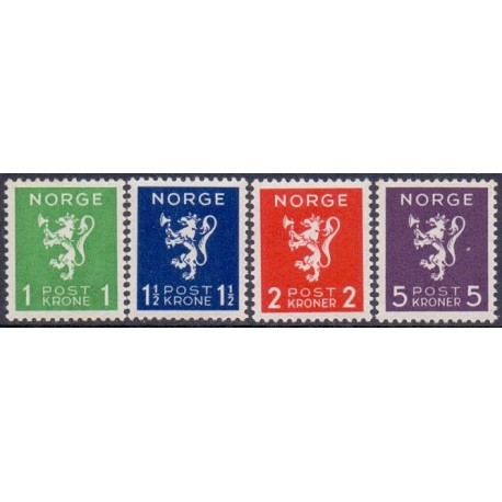 Norge. 1940. Ny tegning 1-5 kr. AFA nr. 208-11 ** st. stemplet postfrisk