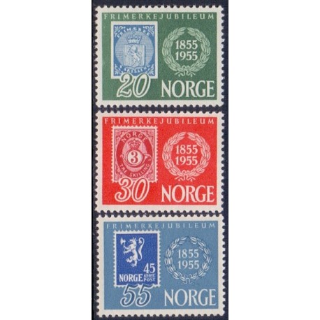 Norge. 1955. Frimærkets 100-års jubilæum. AFA nr. 404-06 ** stemplet postfrisk FDC