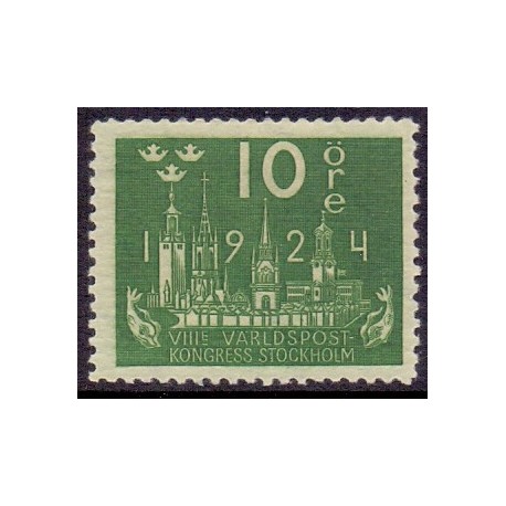 Sverige. 1924. Verdenspostkongres, 10 Øre, vm Bølgelinie, AFA nr. 160y **   postfrisk stemplet FDC st,